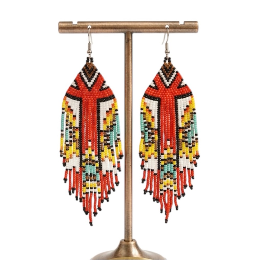 Boho Beaded Fringe Earrings Red Southwest Style